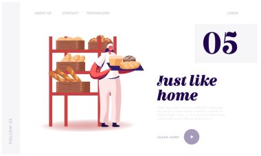 Pasta ve Pişirilmiş Gıda Üretim Üretim Sitesi İniş Sayfası. Steril Üniformalı Kadın Fırıncı ve Çeşitli Taze Ekmek Web Sayfası Afişi ile Şapka Tutma Tepsisi. Çizgi film Düz Vektör İllüstrasyonu