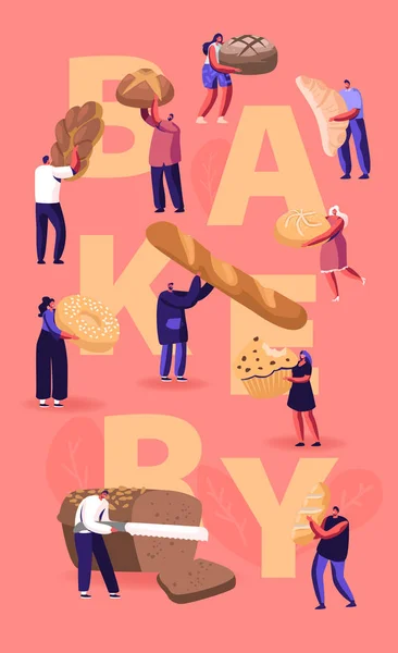 Menschen essen und kochen Bäckereikonzept. winzige Charaktere, die hausgemachtes Brot und eine große Auswahl an frisch gebackenen Produkten zum Kauf von Plakat-Banner Flyer Broschüre Cartoon-Flachvektorillustration — Stockvektor