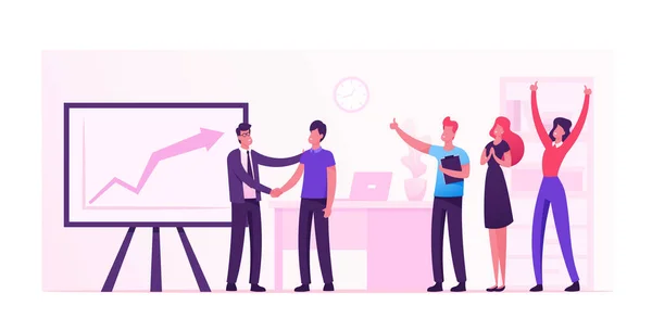 Joyful Office Workers Exulting at Huge Monitor with Growing Graph (en inglés). Empleados felices en el lugar de trabajo celebrando el éxito empresarial. Handshake, Corporate Company Culture. Dibujos animados plana Vector Ilustración — Vector de stock