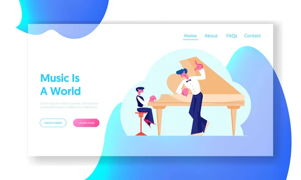 Site Web d'éducation musicale Landing Page. Little Boy in Concert Dress Training on Grand Piano with Help of Experienced Teacher. Jeune pianiste sur scène Page Web Banner. Illustration vectorielle plate de bande dessinée — Image vectorielle