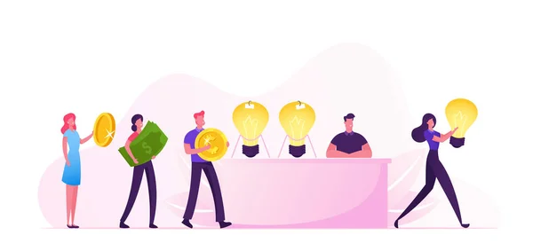 Conceito de venda de ideias. Empresário ou Vendedor Sentado na Mesa com Lâmpadas Brilhantes Enormes, Empresários em Fila com Dinheiro nas Mãos para Comprar Inspeção Empresarial Cartoon Flat Vector Illustration — Vetor de Stock