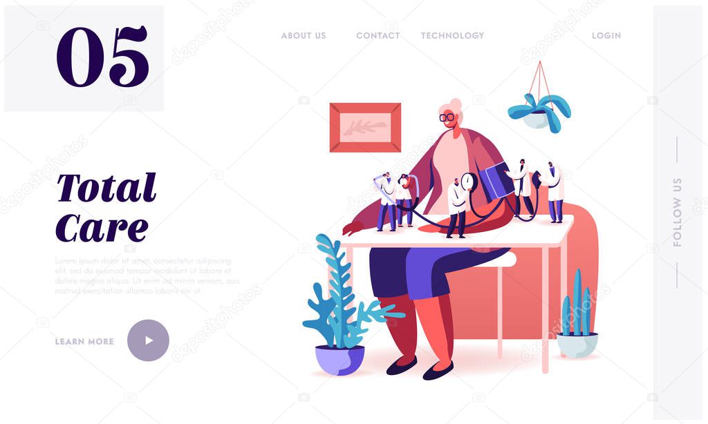 Health Care Check Up. Website Landing Page. Tiny Doctors Characters Measuring Arterial Blood Pressure with Tonometer at Senior Woman Sitting at Table Web Page Banner. Cartoon Flat Vector Illustration