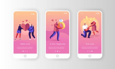 Romantik İlişkiler ve Mobil Uygulama Sayfası Ekran Ayarları. Erkek Nişan Yüzüğünü Sunar Kadına Diz çökmesini İstiyor Web sitesi veya Web Sayfası için, Çizgi Film Düz Vektör İllüstrasyonu