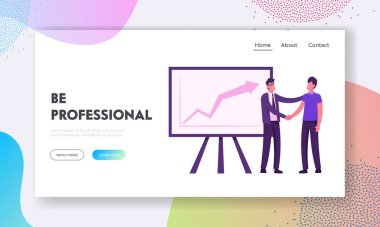 Başarılı Çalışan Web Sitesi İniş Sayfası için İşçiyi Kutlayın. Patron Tokalaşan El 'den Çalışan' a Büyüyen Ok Web Sayfası Afişi ile Chartboard 'da duruyor. Çizgi film Düz Vektör İllüstrasyonu