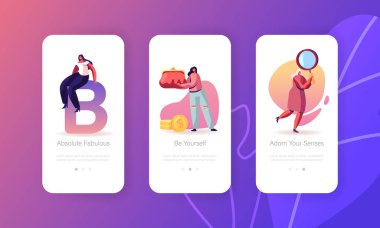 Kadınlar ve Eşyalar Mobil Uygulama Sayfası Ekran Seti. Büyük Para ve Büyüteçle Büyük Çantalı Kız. Web sitesi ya da Web Sayfası için Modern Bayan Aksesuar Konsepti, Çizgi Film Düz Vektör İllüstrasyonu