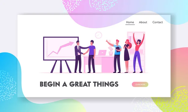 Happy Employees in Workplace Celebrating Business Success Website Landing Page. Joyful Office Workers Exulting at Huge Monitor with Growing Graph Web Page Banner. Cartoon Flat Vector Illustration — Stockový vektor