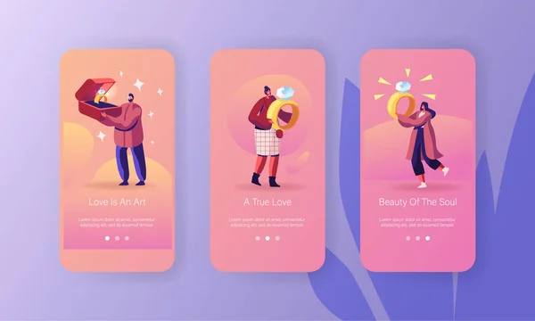 Engagement, Huwelijk Mobiele App Pagina aan boord Screen Set. Man geeft sieraden aan vriendin. Vrouwen houden mooie ringen met edelstenen concept voor website of webpagina, cartoon platte vector illustratie — Stockvector