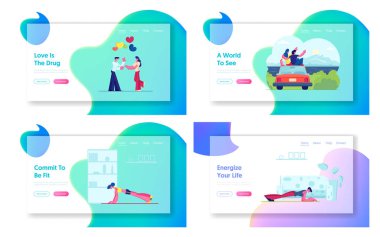 Romantik Balonlar Tarihi, Çift Seyahati, Ev Sitesi İniş Sayfası Seti. Arabayla Tatil Kaçışı, Trip. Fitness Plank Egzersizi Sağlıklı Yaşam Tarzı Web Sayfası Afişi. Çizgi film Düz Vektör İllüstrasyonu
