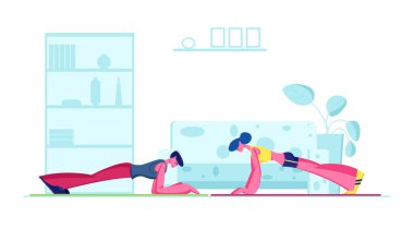 Genç Formda Sporcu Kadın ve Evde Plank Yapan Adam. Aile Çifti Zor Vücut Egzersizi ya da Zorlu Basın Uyarıları. Spor Dayanıklılığı, Sağlıklı Spor Antrenmanı. Çizgi film Düz Vektör İllüstrasyonu