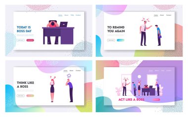 Kızgın Patron ve Çalışanların Çatışma Durumu Web Sitesi İniş Sayfası Seti. Öfkeli Yönetmen ya da Yönetici Ofisteki Suçlu İşçilere Bağırıyor. Hüsran Web Sayfası Afişi. Çizgi film Düz Vektör İllüstrasyonu