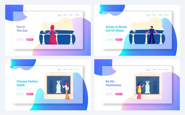 Relaxing on Sea Resort, Women Choose Dress Website Landing Page Set People Enjoy Ocean View on Hotel Terrace, Female Characters Shopping Spare Time Web Page Banner (англійською). Cartoon Flat Vector Illustration — стоковий вектор