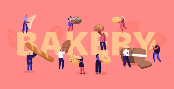 Menschen essen und kochen Bäckereikonzept. winzige Charaktere, die hausgemachtes Brot und eine große Auswahl an frisch gebackenen Produkten zum Kauf von Plakat-Banner Flyer Broschüre Cartoon-Flachvektorillustration — Stockvektor