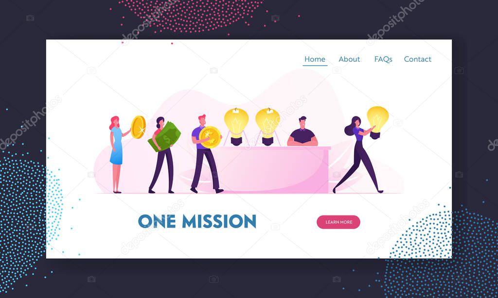 Idea Sale Website Landing Page. Businessman or Salesman Sitting at Desk with Glowing Huge Light Bulbs, Businesspeople in Queue Buying Business Insight Web Page Banner. Cartoon Flat Vector Illustration