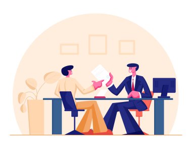 Erkek Müşteri Ziyaret Bankası ya da Varsayımsal İpotek Kredisi Aldıkları için Emlak Ajansı. Yönetici Masada Oturuyor