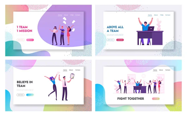 Feliz equipo de negocios regocijarse por el éxito del acuerdo Sitio web Landing Page Set. Los empresarios alegres celebran el éxito en el lugar de trabajo, saltan y ríen banner de la página web. Dibujos animados plana Vector Ilustración — Vector de stock