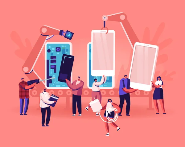Άνθρωποι Συγκέντρωση και Χρήση Smartphones Concept. Tiny of Men and Women Holding κινητά τηλέφωνα, κάρτα μνήμης και φορτιστή, ρομπότ όπλα συγκεντρώσει κινητά στο εργοστάσιο. Κινητά τηλέφωνα Cartoon Flat Vector Illustration — Διανυσματικό Αρχείο