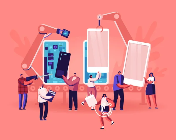 Orang-orang Merakit dan Menggunakan Smartphone Konsep. Tiny of Men and Women Holding Cellphones, Memory Card and Charger, Robot Arms Assemble Mobiles on Plant (dalam bahasa Inggris). Ilustrasi Vektor Flat Kartun Ponsel - Stok Vektor