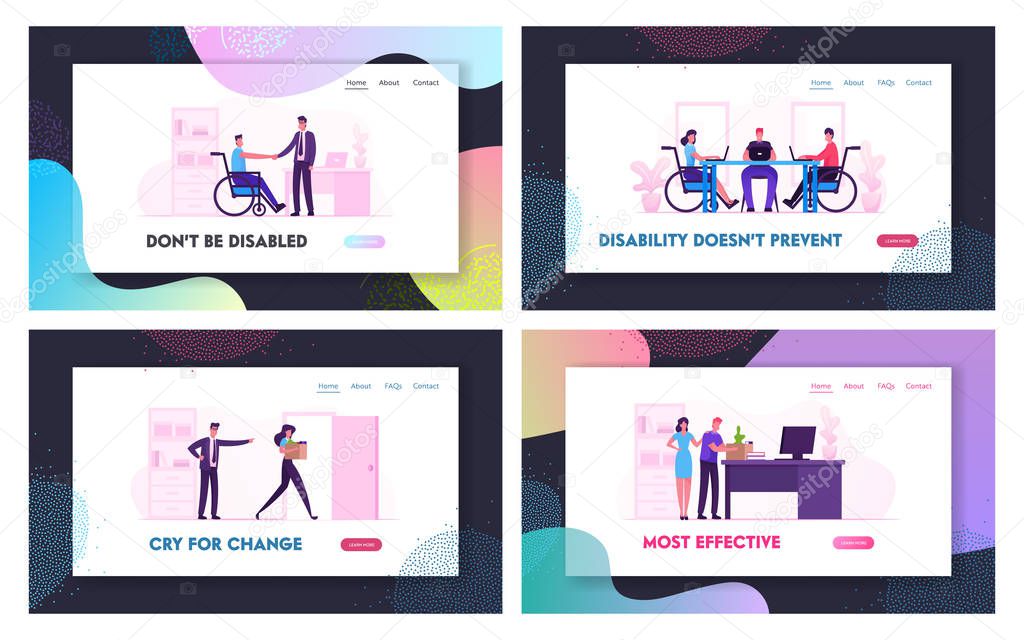 Disability Employment and Dismissal Website Landing Page Set. Angry Boss Fired Employee. Handicapped Person Adaptation in Office or Coworking Zone Web Page Banner. Cartoon Flat Vector Illustration