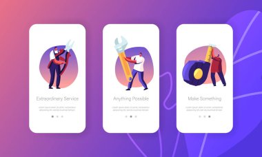Diy Tamir Mobil Uygulama Sayfası Ekranı Ayarlandı. Pul, bant, İngiliz anahtarı ve pense kullanan tamirciler. Mühendislik İnşaat
