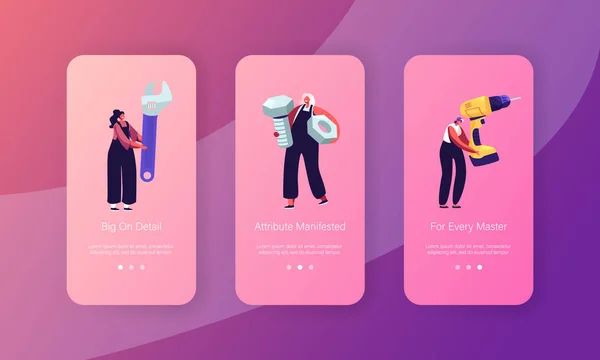 Chiama Master Girls Mobile App Page Set di Schermo a Bordo. Donne in uniforme in possesso di enormi strumenti per la correzione di tecniche rotte — Vettoriale Stock