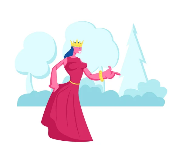 Принцеса або королева в червоному одязі з короною на голові на природному ландшафтному фоні. Fairy Tale Personage, Historical Movie Actress, Female Medieval Royal Character Cartoon Flat Vector Illustration — стоковий вектор