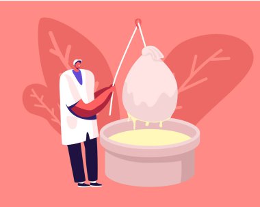 Profesyonel Fabrika Malzemelerinde İşçi Süt Ürünleri. Ekstra Sıvıyı Kaldırmak İçin Ağır Çuvalı Çiğ Peynir Kütlesiyle Çekin. Gıda Üretimi, Bitki Teknolojileri. Çizgi film Düz Vektör İllüstrasyonu