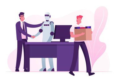 Otomasyon, Fütürist Teknolojiler ve Yapay Zeka Konsepti. İnsan Robot 'a karşı. Patron Tokalaşan El Halkın Yerine Sayborga İşçi Kovuldu Çizgi Film Düz Vektör İllüzyonu