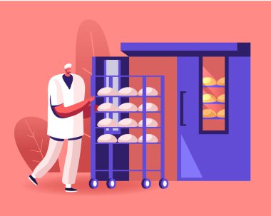 Pastacılık Sanayi Fabrikası Çalışma Süreci. Baker in White Robe Rolling Special Metal Trolley with Raw Bread Loafs to put into Big Oven for Pasting. Fabrika Teknolojileri Çizgi Filmi Düz Vektör İllüstrasyonu