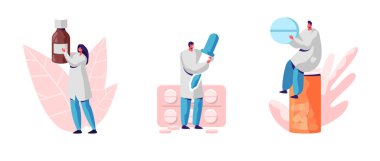 İlaçlı sağlık ekipleri beyaz arka planda izole edildi. Üniformalı Kadın ve Erkek Doktorlar Şişe, Pipette ve Hastalık Tedavisi İçin Büyük Haplar. Çizgi film Düz Vektör İllüstrasyonu