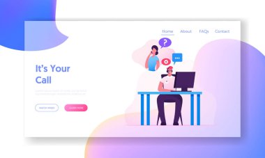 Yardım Hattı Arama Merkezi Web Sitesi İniş Sayfası. Teknik Destek Uzmanı Çözücü Müşteri Sorunu İnternet 'te. Müşteri Hizmetleri Operatörü ve Müşteri İletişim Web Sayfası Afişi. Çizgi film Düz Vektör İllüstrasyonu