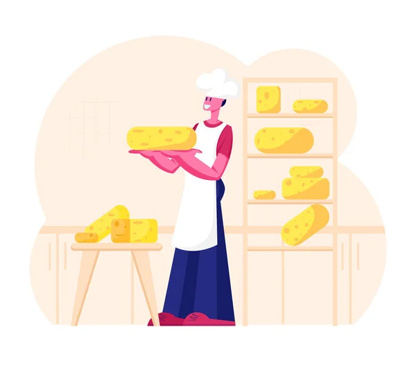 Cheesemaker Usando Delantal Blanco y Toque Holding Queso Redondo De pie cerca de Estantes con Surtido de Diferentes Tipos de Queso. Producción de agricultores caseros o vegetales Dibujos animados Vector plano Ilustración — Archivo Imágenes Vectoriales