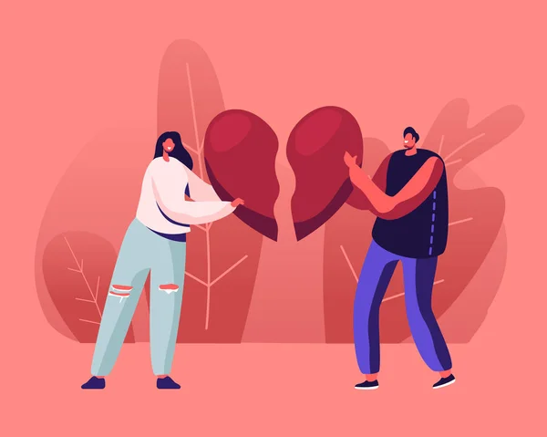 Heartbroken Couple Parting, Divorce. Sad Young Man and Woman Trying to Put Together Parts of Broken Heart. End of Unhappy Relations and Love, Despair Loneliness. Cartoon Flat Vector Illustration — Stock vektor