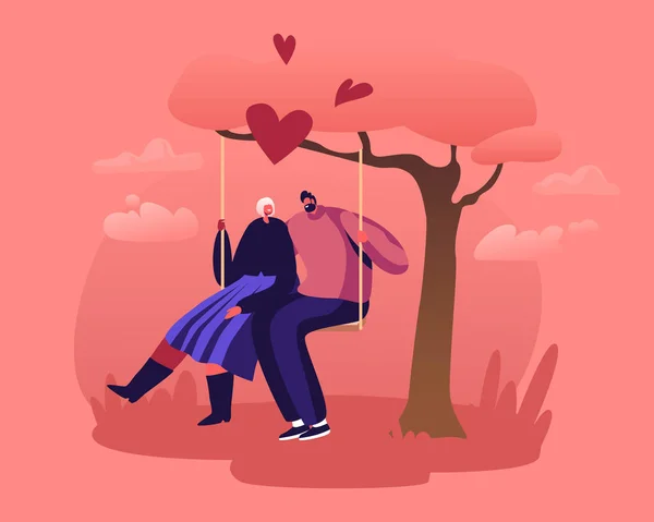 Mladý pár jízda na houpačce v parku venku. Happy Woman and Man on Teeterboard Swinging, Flying High on Nature Landscape Background. Romantické seznamovací láska a sny Cartoon Flat Vector Illustration — Stockový vektor