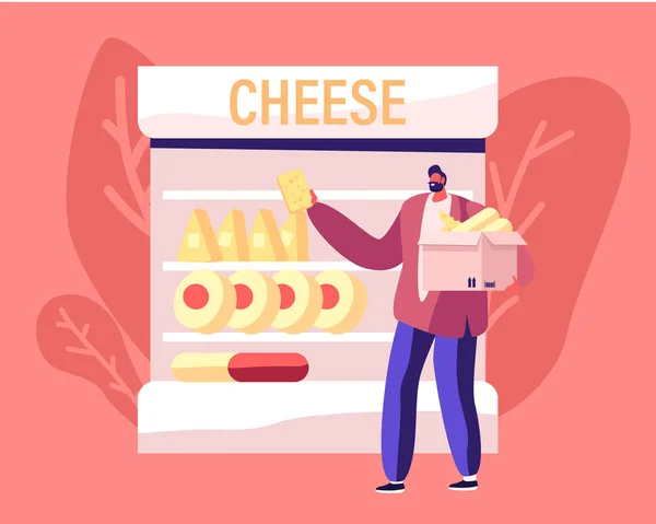 Industria quesera y comercio minorista. El cliente del hombre elige y toma la producción lechera del estante del supermercado con diferentes tipos de queso puesto en la caja de cartón. Dibujos animados plana Vector Ilustración — Vector de stock