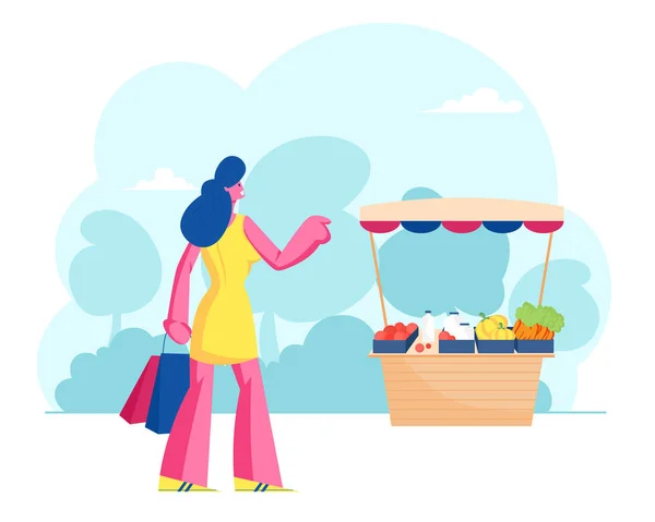 Vrouw Koper staan aan de balie met boer verse groenten op de markt. Klantenbezoek Buiten Farm Marketplace, Koper Karakter Het kopen van Ecologisch Gezond Biologisch Eten. Cartoon Flat Vector Illustratie — Stockvector