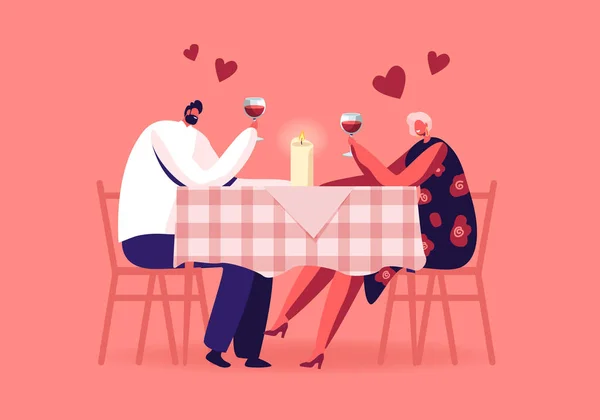 Romantic Relations, Meeting. Happy Loving Couple of Male and Female Characters Dating in Restaurant. Declaration of Love, Young Man and Woman Holding Glasses in Hands. Cartoon Flat Vector Illustration — Stock Vector