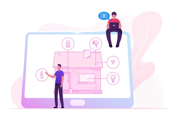 Homens com Tablet App para Sistema de Tecnologia Smart House com Controle Centralizado de Iluminação, Aquecimento, Ventilação e Ar Condicionado, Segurança e Vigilância por Vídeo. Desenhos animados ilustração vetorial plana — Vetor de Stock