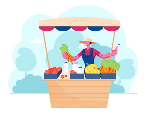 Jongeman Verkoper Staande achter van Outdoor Counter Desk met verse groenten en zuivelproductie. Farmer Marketplace Fair, Ecologische Natuurlijke Seizoensgebonden Farm Products Cartoon Flat Vector Illustratie — Stockvector