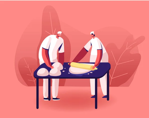 Bakery Factory and Food Production Concept. Male and Female Bakers Characters Kneading Dough on Table for Baking Bread. Workers on Modern Confectionery Manufacture. Cartoon Flat Vector Illustration — Stock Vector