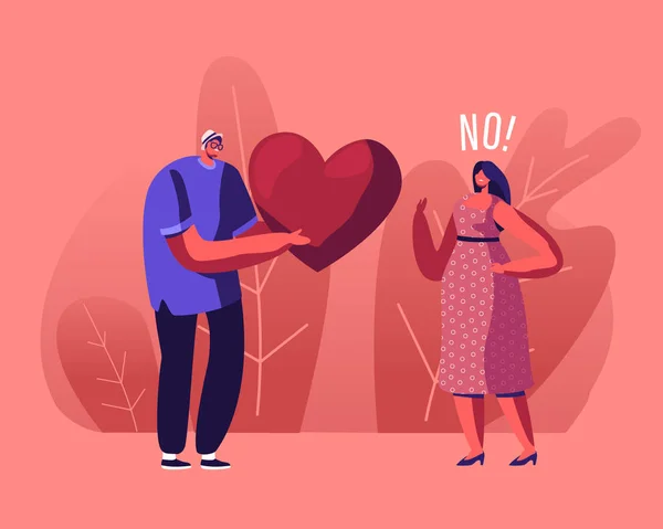 Conceito de amor não correspondido. Homem Amoroso Doando Enorme Coração Vermelho à Mulher Rejeitando Seus Sentimentos Dizendo Não. Personagens masculinos e femininos Relacionamento, Pessoas Namoro e Partida Cartoon Flat Vector Ilustração —  Vetores de Stock