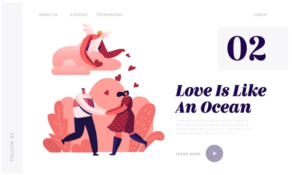 Couple Aimant Avoir Sortir ensemble Site web Landing Page. Young Man and Woman Holding Hands Looking on each other with Love Dancing under Cupid Throw Hearts Web Page Banner. Illustration vectorielle plate de bande dessinée — Image vectorielle