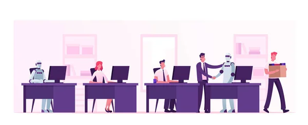 Automatisering, kunstmatige intelligentie, menselijke robots. Boss Shaking Hand aan Cyborg Werken in Office aan een Par met mensen. Levende en digitale werknemers, ontslagen mensen Cartoon Flat Vector Illustratie — Stockvector