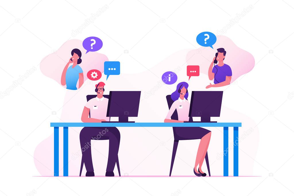 Hotline Operators Help Clients to Solve their Problems. Smiling Friendly Male and Female Call Center Receptionists with Headset Working on Support Customers Line. Cartoon Flat Vector Illustration