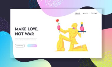 Tarihi ya da Peri Masalı Sahnesi, Website İniş Sayfası. Altın Zırhlı Şövalye Diz çöküp Kılıç ve Çiçek Verme Yemini ya da Aşk İtirafı Web Sayfası Afişi ile duruyor. Çizgi film Düz Vektör İllüstrasyonu