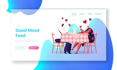 Romantik İlişkiler, Web sitesi İniş Sayfası Buluşması. Lokantada Mutlu Çift Buluşmaları. Aşk İtirafı, Genç Adam ve Kadın Ellerinde Gözlük Tutuyorlar Web Sayfası Afişi. Çizgi film Düz Vektör İllüstrasyonu