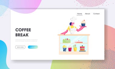 Kafe ya da Kafe Web Sitesi İniş Sayfası. Baker in White Uniform and Toque Stand at Showcase 'de Pastane Web Sayfasında Tatlı Üretim Yetiştirme Pastası ile. Çizgi film Düz Vektör İllüstrasyonu
