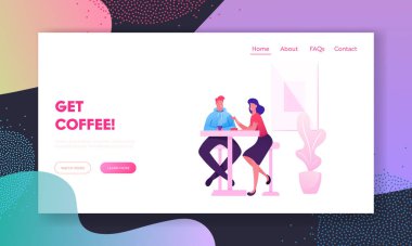 Erkek ve Kadın Kahve Evi 'nin Web Sitesi İniş Sayfasında Sohbet Ediyor. İnsanlar Kafe 'yi ziyaret eder Masada oturur, Modern Restoran Web Sayfası Afişi' nde içki içerler. Çizgi film Düz Vektör İllüstrasyonu