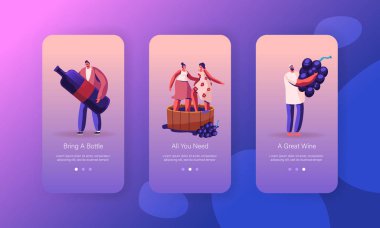 Şarap Üretim ve İçme Mobil Uygulama Sayfası Ekran Seti. Karakterler, Web sitesi veya Web Sayfası için Doğal Üzüm Üretimi ve Üretimi Konsepti, Çizgi Film Düz Vektör İllüstrasyonu