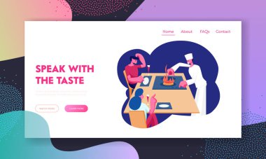 Randevu Sitesi İniş Sayfası İçin İnsanlar Kafe 'yi Ziyaret Ediyor. Restaurant Masasında oturan genç çift, Tabak Sayfasında Yanan Ateşli Aşçı Tabağı 'nı izliyor. Çizgi film Düz Vektör İllüstrasyonu