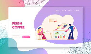 İnsanlar Kafe 'yi ya da Fırın Sitesi İniş Sayfasını Ziyaret Ediyor. Satıcı kadın, Pasta Dükkanı 'ndaki müşteriye pasta verme masasında duruyor. Personel Hizmeti İstemcisi Web Sayfası Çizgi Film Düz Vektör İllüstrasyonu